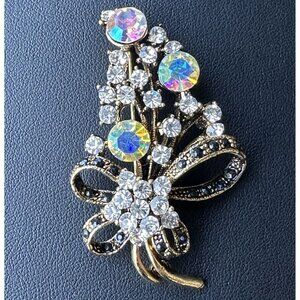 Brooch‎ Pin 2.25" Flower Bouquet Ribbon Aurora Borealis Clear Black Rhinestones